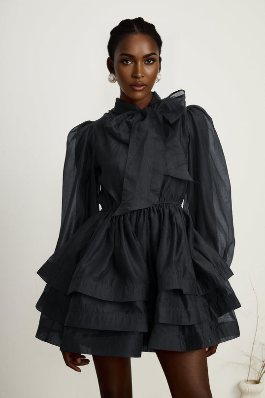 Lauretta Black Mini Dress Terylene Fiber Scarf Collar Long Sleeves Tiered Flare Pleated Semi-Sheer Thigh-Length