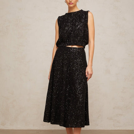 Lauretta Black Sequined Knit Flared Vest Skirt Ensemble