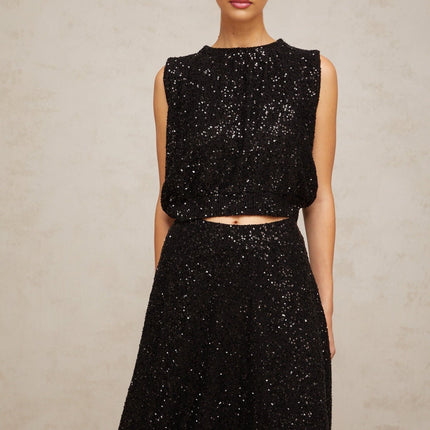 Lauretta Black Sequined Knit Flared Vest Skirt Ensemble