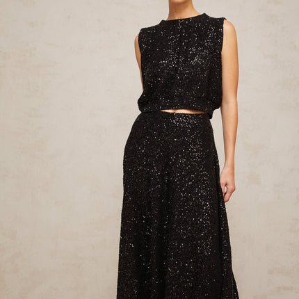 Lauretta Black Sequined Knit Flared Vest Skirt Ensemble