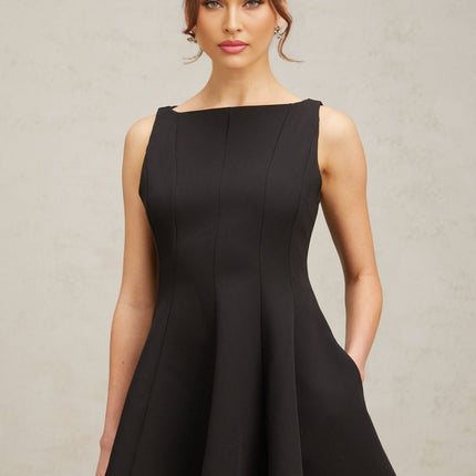 Lauretta Black Sleeveless Flare Hem Dress Viscose Polyester Spandex Cinched Waist Pleated Detailing Round Neck Zip Fastening Thigh Length