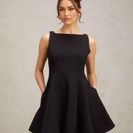 Lauretta Black Sleeveless Flare Hem Dress Viscose Polyester Spandex Cinched Waist Pleated Detailing Round Neck Rear Zip Fastening Thigh-Length