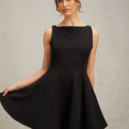 Lauretta Black Sleeveless Flare Hem Dress Viscose Polyester Spandex Cinched Waist Pleated Detailing Round Neck Rear Zip Fastening Thigh-Length Dress