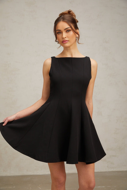 Lauretta Black Sleeveless Flare Hem Dress Viscose Polyester Spandex Cinched Waist Pleated Detailing Round Neck Rear Zip Fastening Thigh-Length Dress