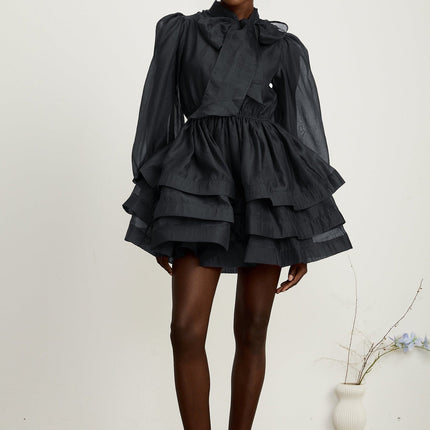 Lauretta Black Tiered Flare Mini Dress with Scarf Collar and Pleated Detailing