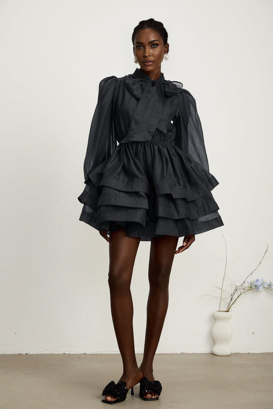 Lauretta Black Tiered Flare Mini Dress with Scarf Collar and Pleated Detailing