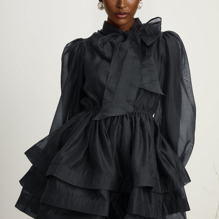 Lauretta Black Tiered Flare Mini Dress with Scarf Collar and Long Sleeves