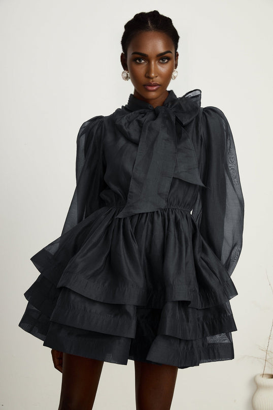 Lauretta Black Tiered Flare Mini Dress with Scarf Collar and Long Sleeves