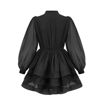 Lauretta Black Tiered Flare Mini Dress with Scarf Collar and Pleated Detailing