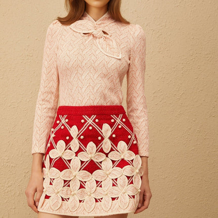 Lauretta Pink Crochet Knit Blouse and Skirt Set