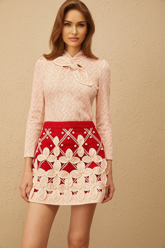 Lauretta Pink Crochet Knit Blouse and Skirt Set