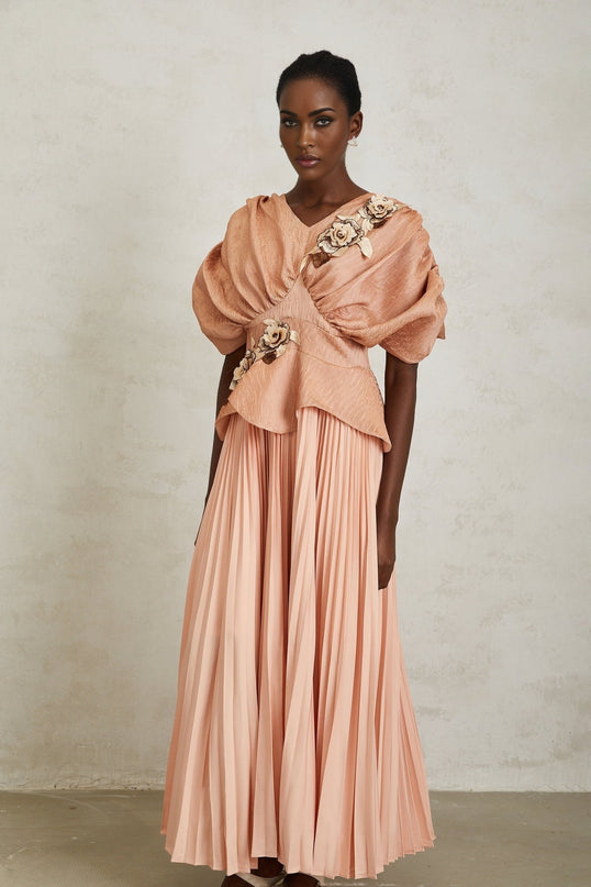 Lauretta Pink Floral Embroidered Maxi Dress with V-Neck and Peplum Waist