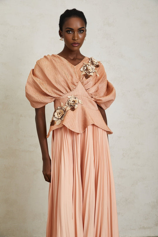 Lauretta Pink Floral Embroidered Maxi Dress with V-Neck and Peplum Waist