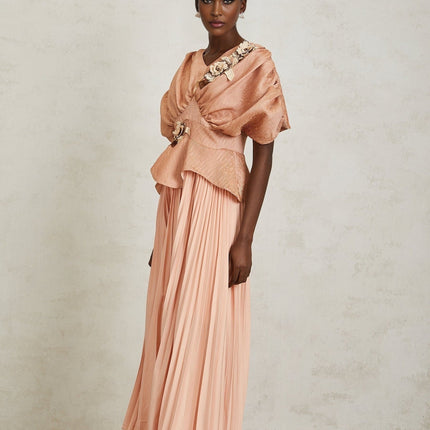 Lauretta Pink Floral Embroidered Maxi Dress with V-Neck and Peplum Waist