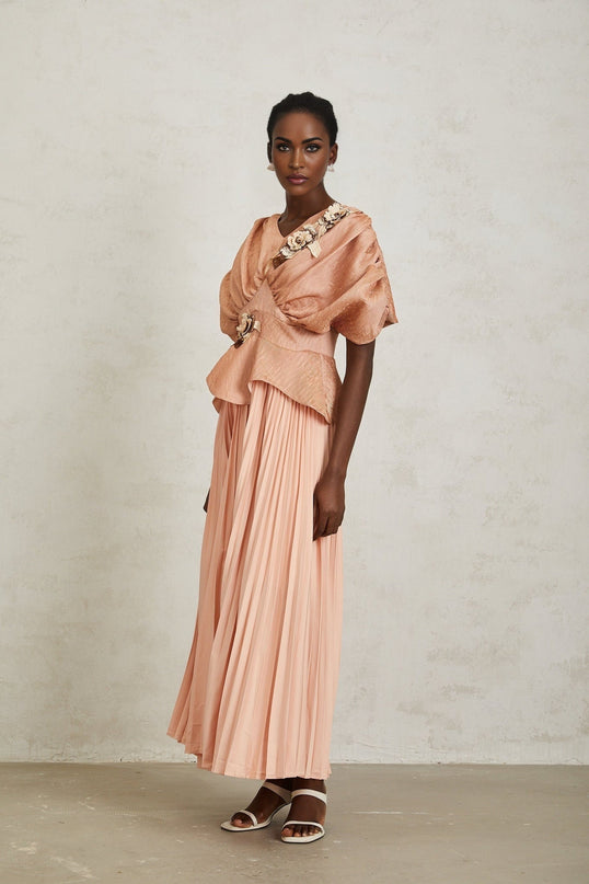 Lauretta Pink Floral Embroidered Maxi Dress with V-Neck and Peplum Waist
