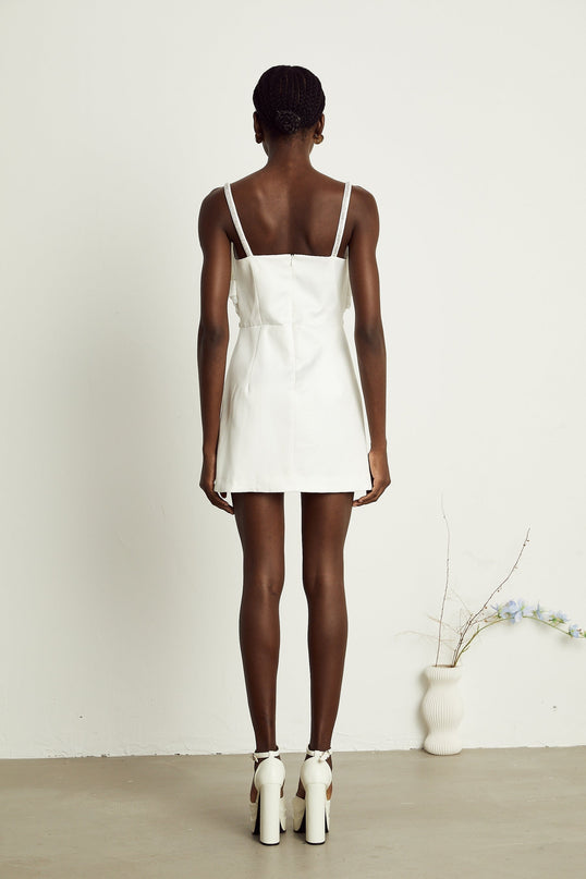 Lauretta White Diamond-Encrusted Mini Dress with Bowknot Detailing