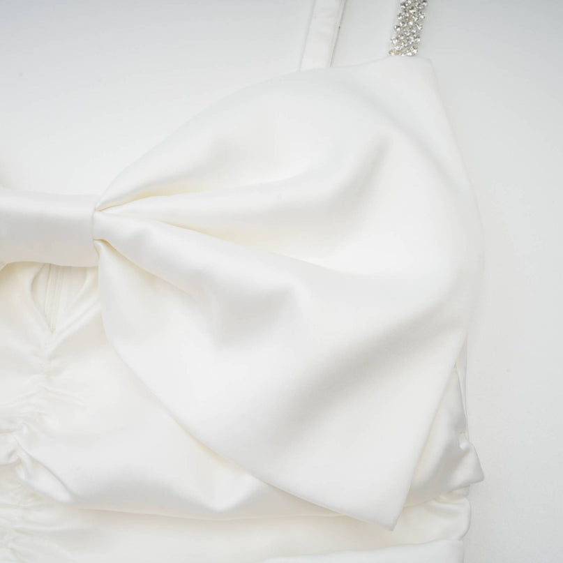 Lauretta White Diamond-Encrusted Mini Dress with Bowknot Detailing