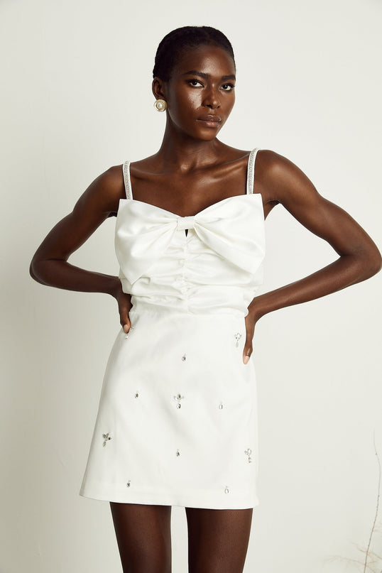 Lauretta White Diamond Mini Dress with Bowknot Detail