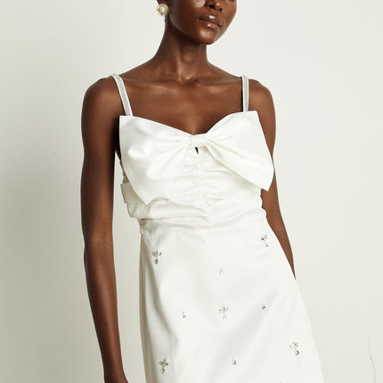 Lauretta White Embroidered Mini Dress with Diamond-Encrusted Straps and Bowknot Detail