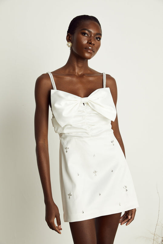 Lauretta White Embroidered Mini Dress with Diamond-Encrusted Straps and Bowknot Detail