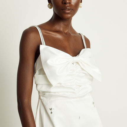 Lauretta White Embroidered Mini Dress with Diamond-Encrusted Straps and Front Bowknot