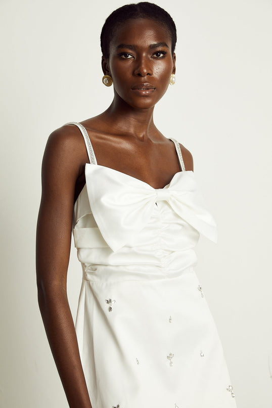 Lauretta White Embroidered Mini Dress with Diamond-Encrusted Straps and Front Bowknot