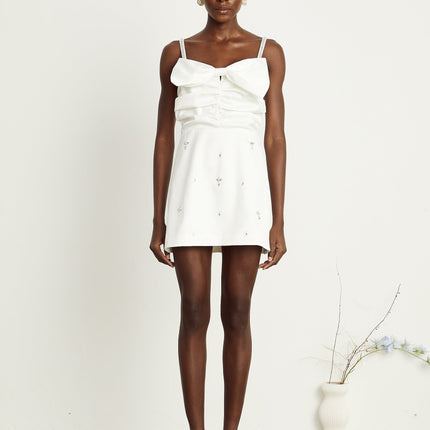 Lauretta White Mini Dress with Diamond-Encrusted Straps and Bowknot Detailing