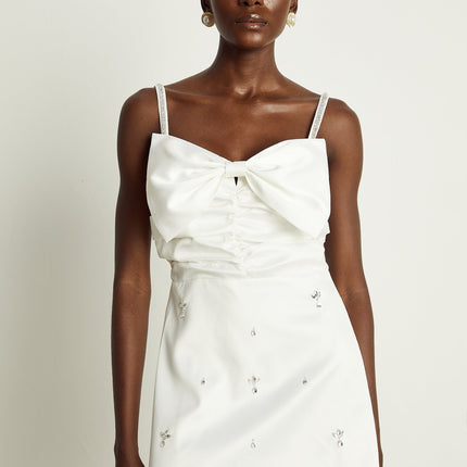 Lauretta White Mini Dress with Diamond-Encrusted Shoulder Straps and Front Bowknot