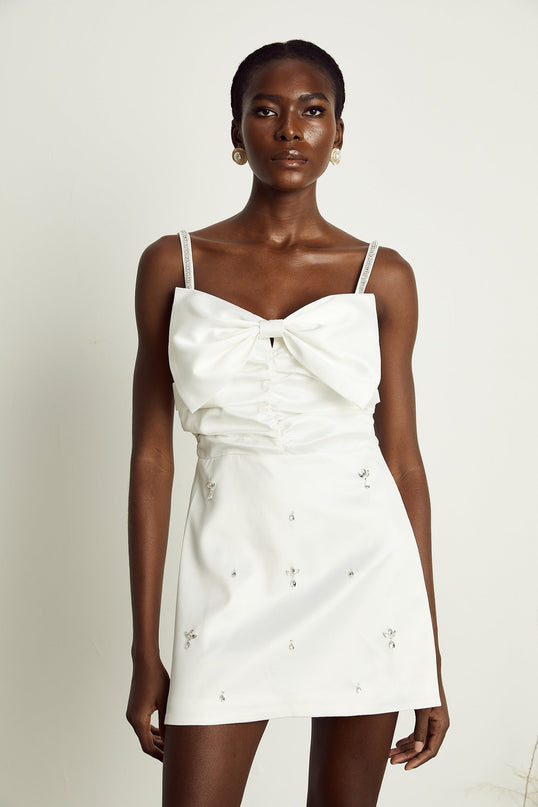 Lauretta White Mini Dress with Diamond-Encrusted Shoulder Straps and Front Bowknot