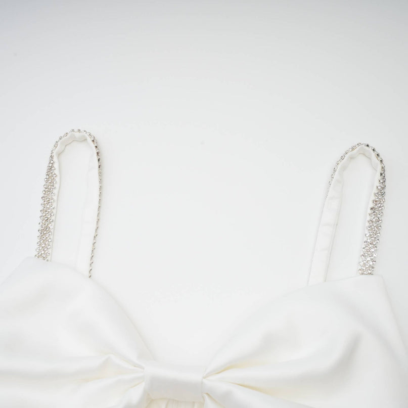 Lauretta White Diamond-Encrusted Mini Dress with Cut-Out Detailing and Bowknot