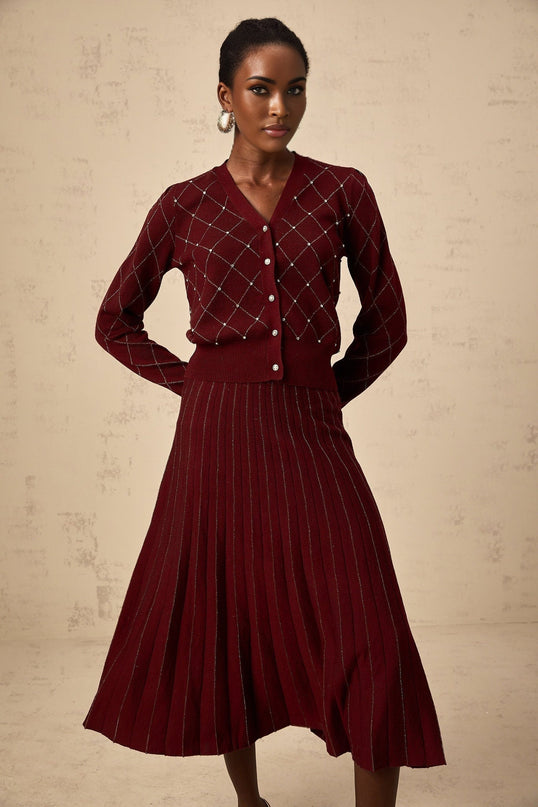 Laurine matching set featuring red cardigan and skirt with argyle pattern knit intarsia design and embellished details