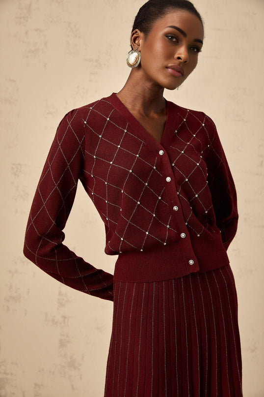 Laurine red matching set featuring embellished argyle intarsia knit cardigan and skirt with intricate pattern details