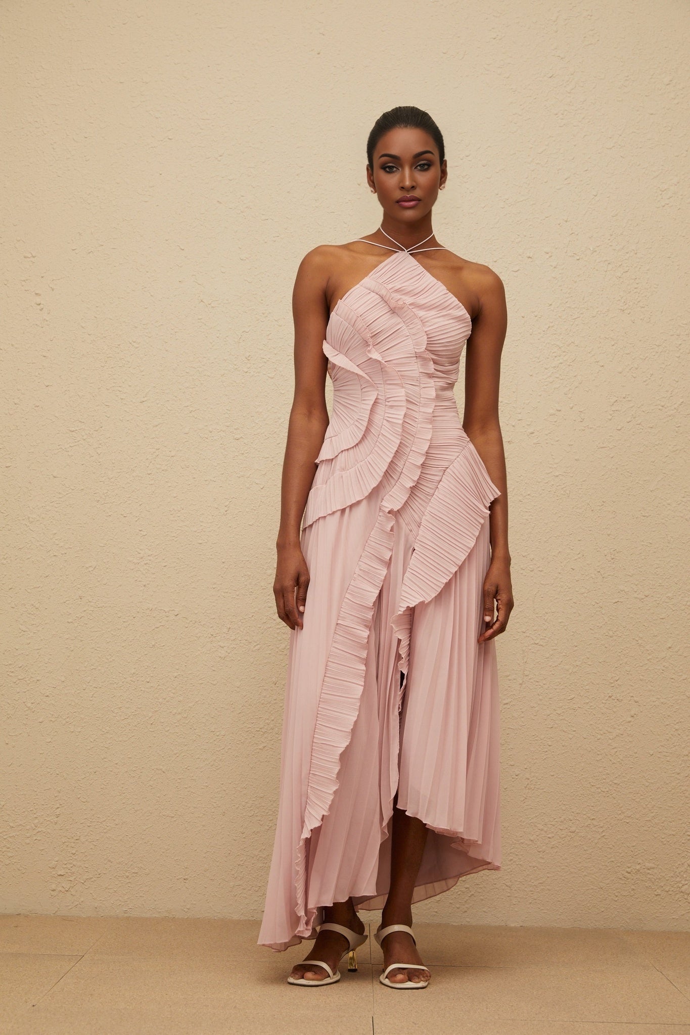 Lavender Pink Halterneck Pleated Midi Dress with Ruffled Trim