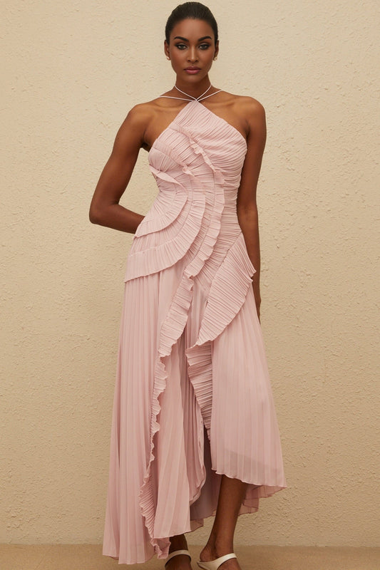 Lavender Pink Halterneck Pleated Midi Dress with Ruffled Trim