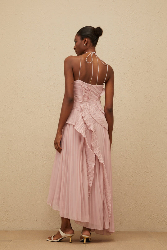 Lavender pink halterneck sleeveless midi dress with ruffled trim and asymmetrical design