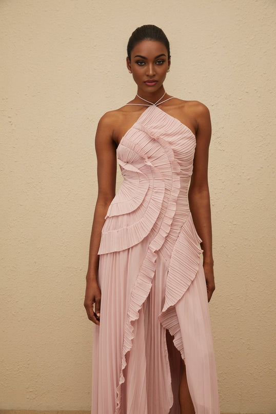 Lavender Pink Halterneck Sleeveless Pleated Ruffled Trim Asymmetrical Midi Dress