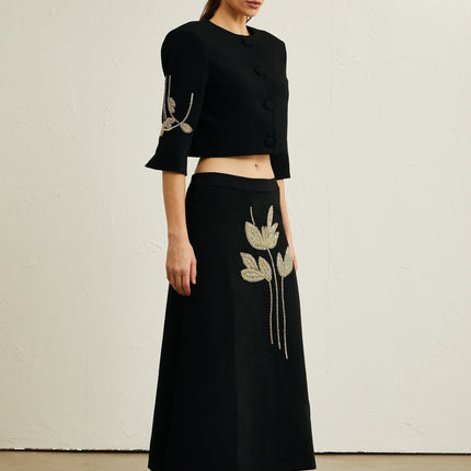 Lavinia Black Floral Applique Crop Jacket and Skirt Set