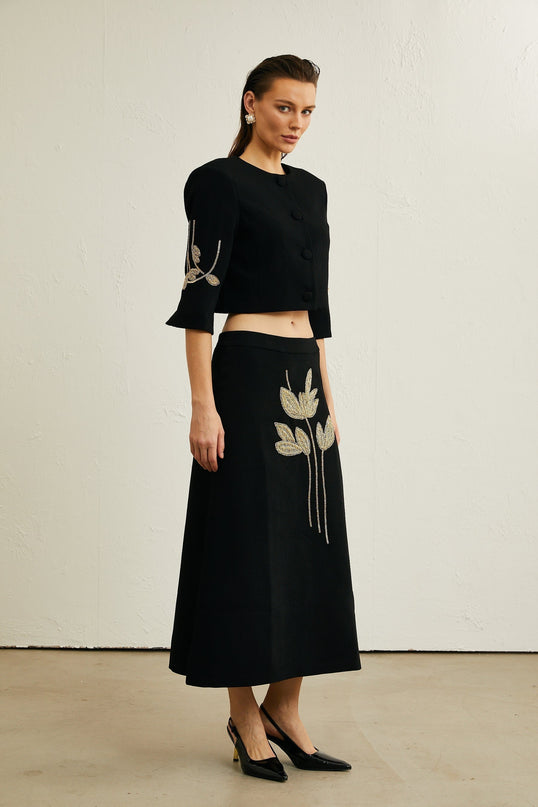 Lavinia Black Floral Applique Crop Jacket and Skirt Set