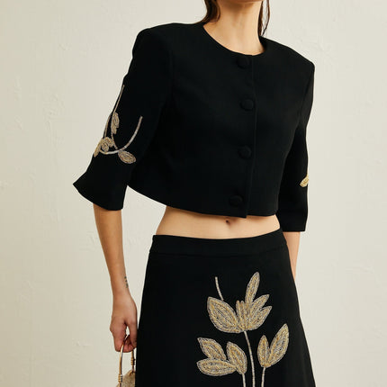 Lavinia Black Floral Appliqué Jacket and Skirt Set