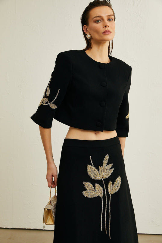 Lavinia Black Floral Appliqué Jacket and Skirt Set