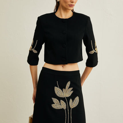 Lavinia Black Floral Applique Jacket and Skirt Set