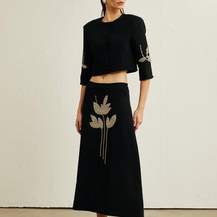Lavinia Black Floral Applique Jacket and Skirt Set