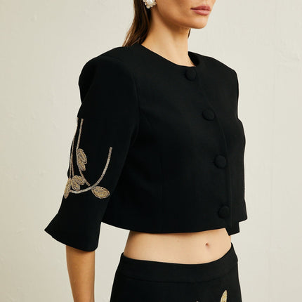 Lavinia Black Floral Appliqué Jacket and Skirt Set