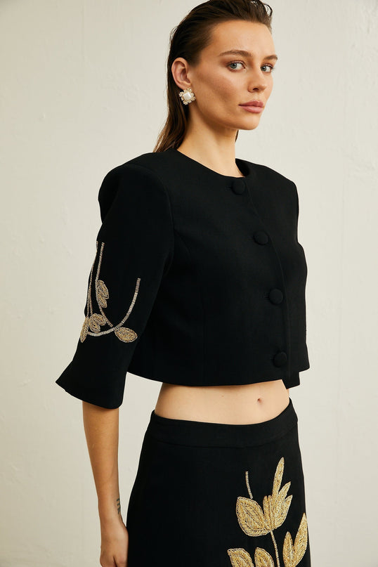 Lavinia Black Floral Appliqué Jacket and Skirt Set