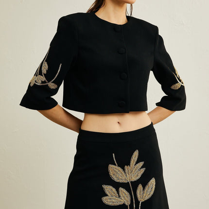 Lavinia Black Floral Appliqué Jacket and Skirt Set
