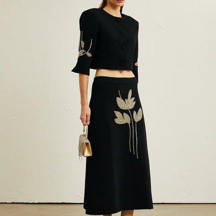 Lavinia Black Floral Appliqué Jacket and Skirt Set