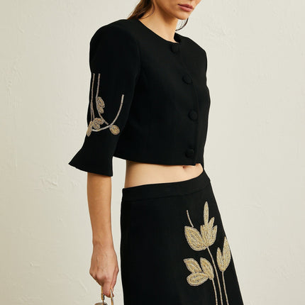 Lavinia Black Floral Appliqué Jacket and Skirt Set