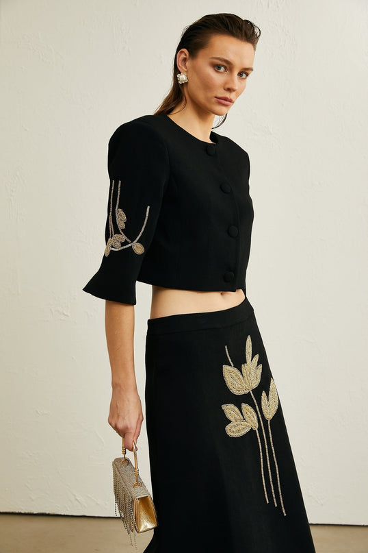 Lavinia Black Floral Appliqué Jacket and Skirt Set