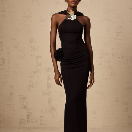 Lavinia Black Maxi Dress with Halterneck Design and Floral Appliqué