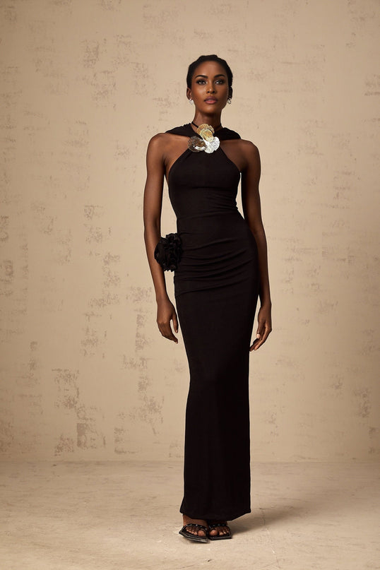 Lavinia Black Maxi Dress with Halterneck Design and Floral Appliqué